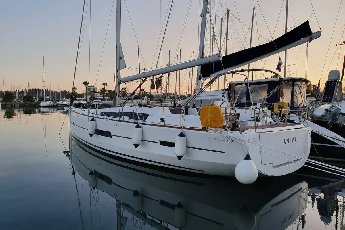 Exterior view of Anima, a Dufour 520 GL - 4. cab sailboat at Kontokali, Greece