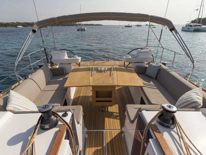 Cockpit of Anima, a Dufour 520 GL - 4. cab sailboat at Kontokali, Greece