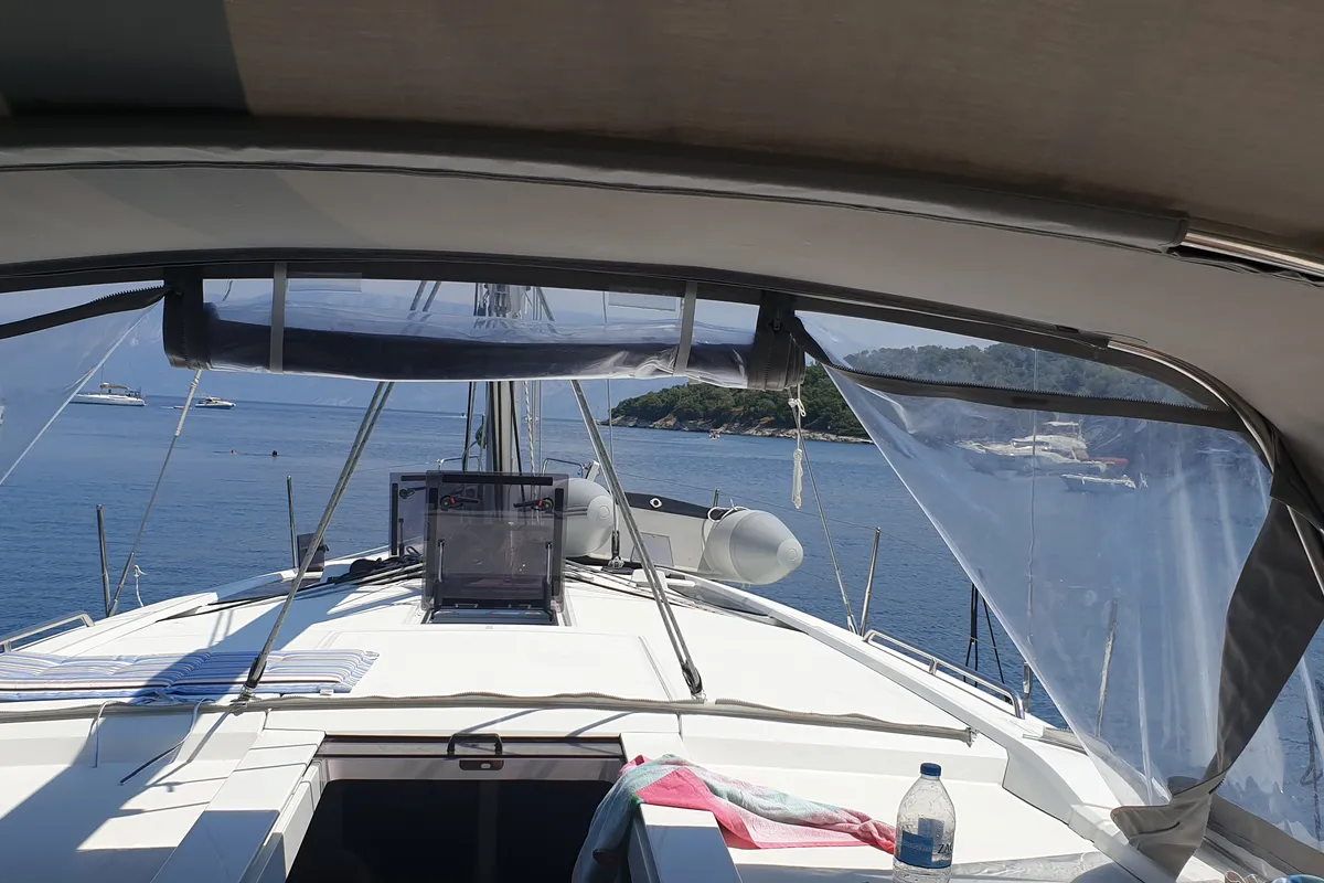 Deck of Enjoyablue, a Beneteau Oceanis 46.1 sailboat at Preveza, Greece