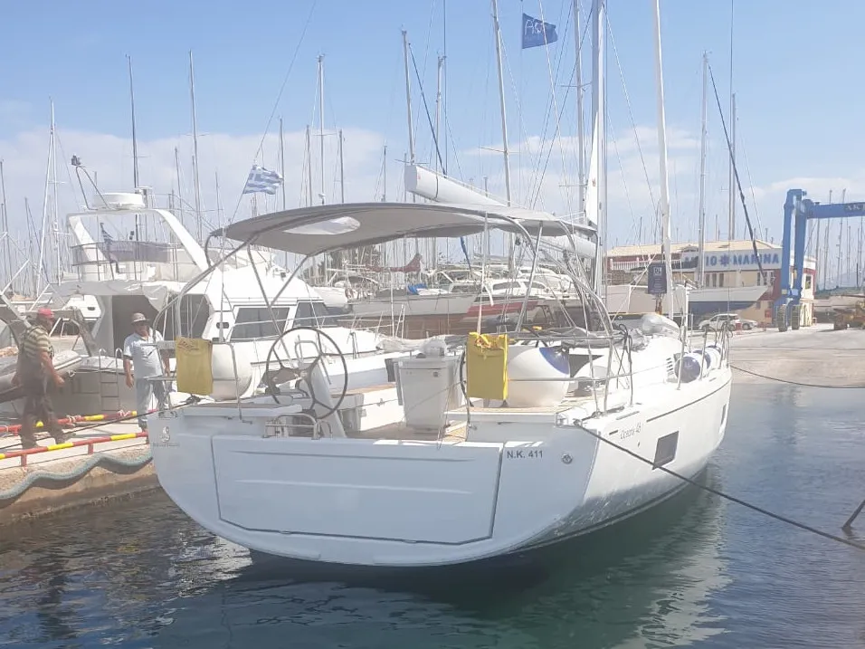 Exterior view of Enjoyablue, a Beneteau Oceanis 46.1 sailboat at Preveza, Greece