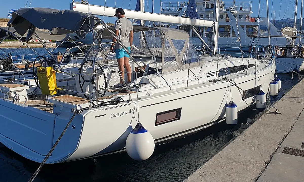 Exterior view of Enjoyablue, a Beneteau Oceanis 46.1 sailboat at Preveza, Greece