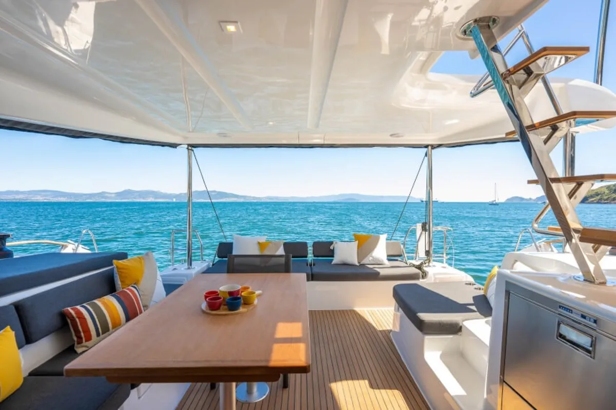 Deck of White Pearl, a Lagoon 43 catamaran at Road Town, British Virgin Islands