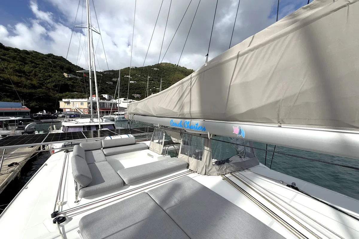 Deck of White Pearl, a Lagoon 43 catamaran at Road Town, British Virgin Islands