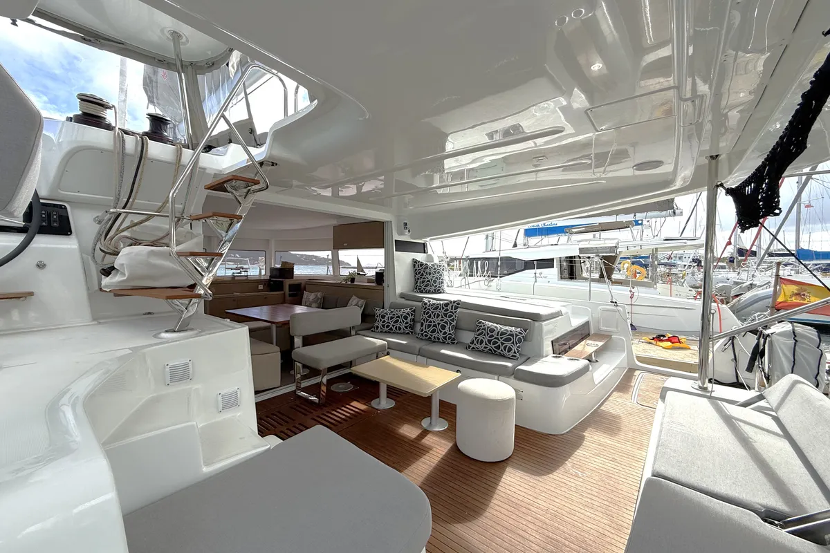 Deck of White Pearl, a Lagoon 43 catamaran at Road Town, British Virgin Islands