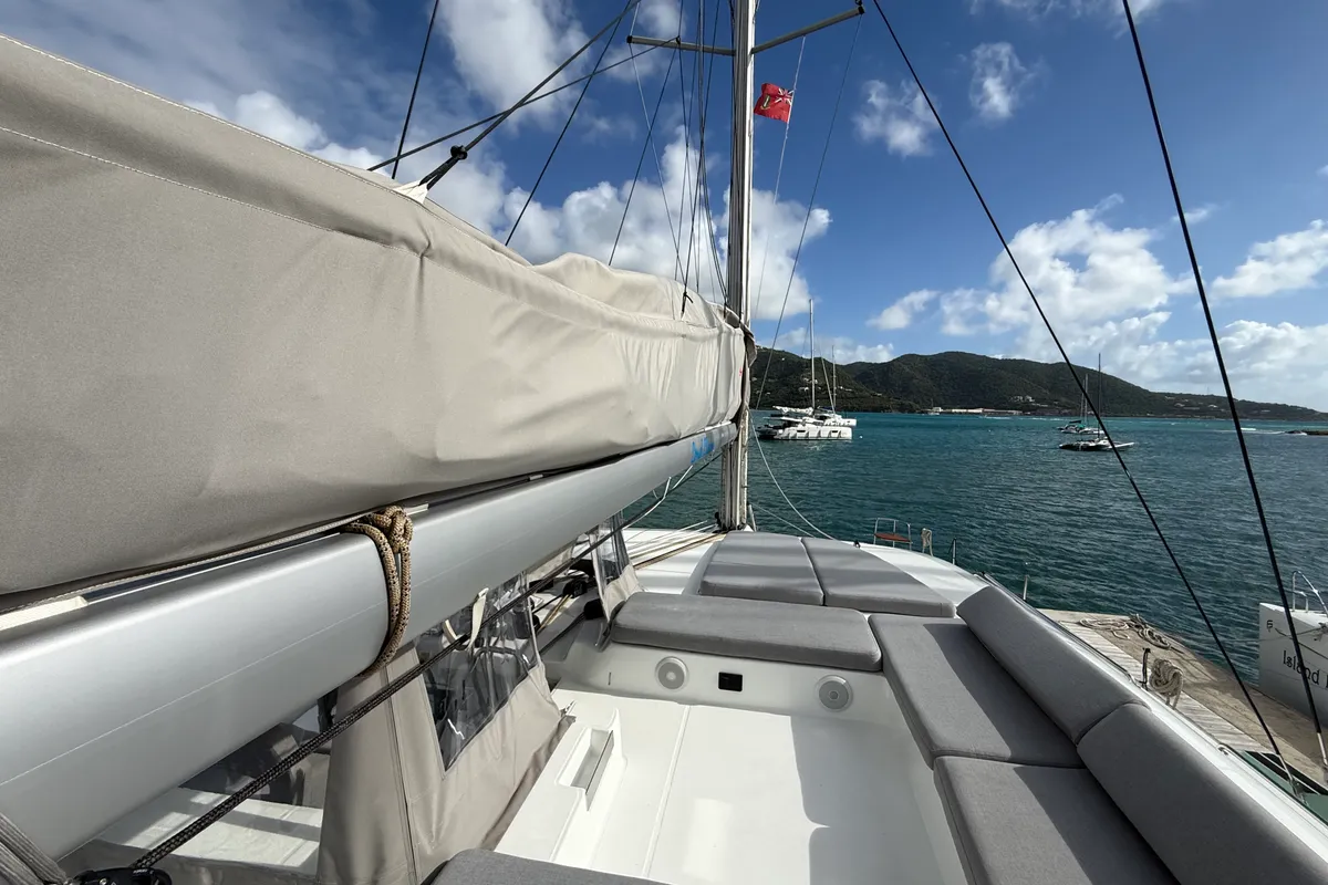 Deck of White Pearl, a Lagoon 43 catamaran at Road Town, British Virgin Islands