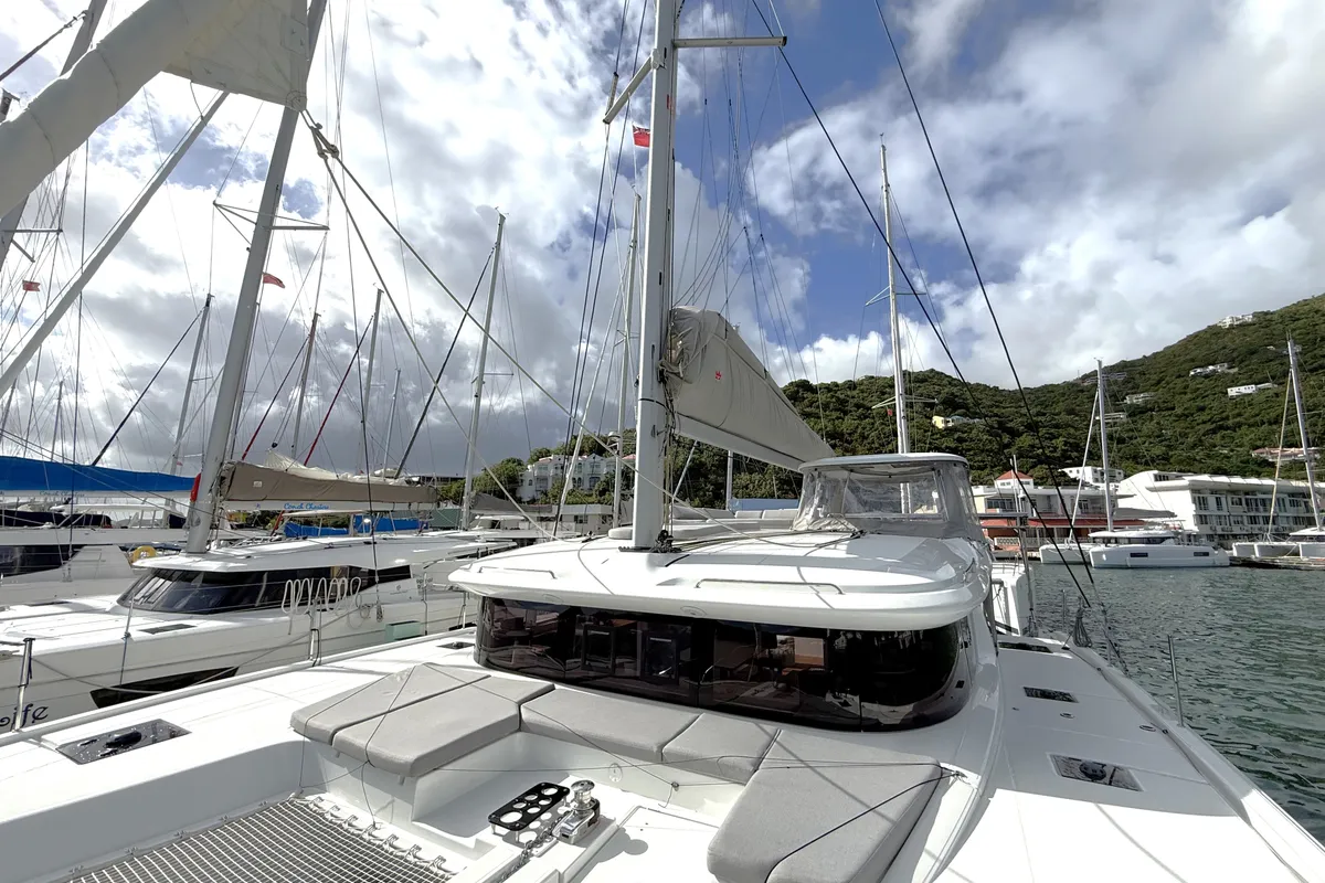 Deck of White Pearl, a Lagoon 43 catamaran at Road Town, British Virgin Islands