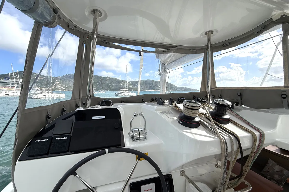 Cockpit of White Pearl, a Lagoon 43 catamaran at Road Town, British Virgin Islands