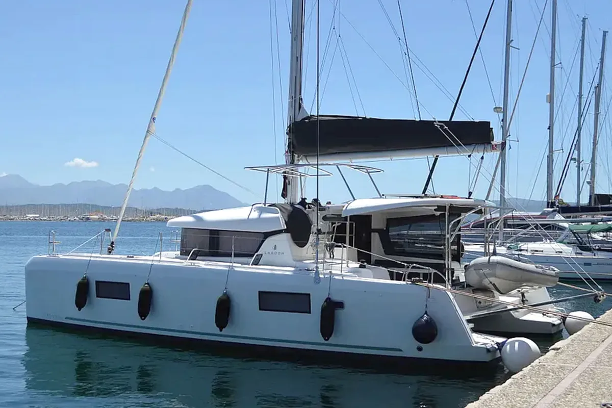 Exterior view of Fantasea, a Lagoon 42 catamaran at Thessaloniki, Greece