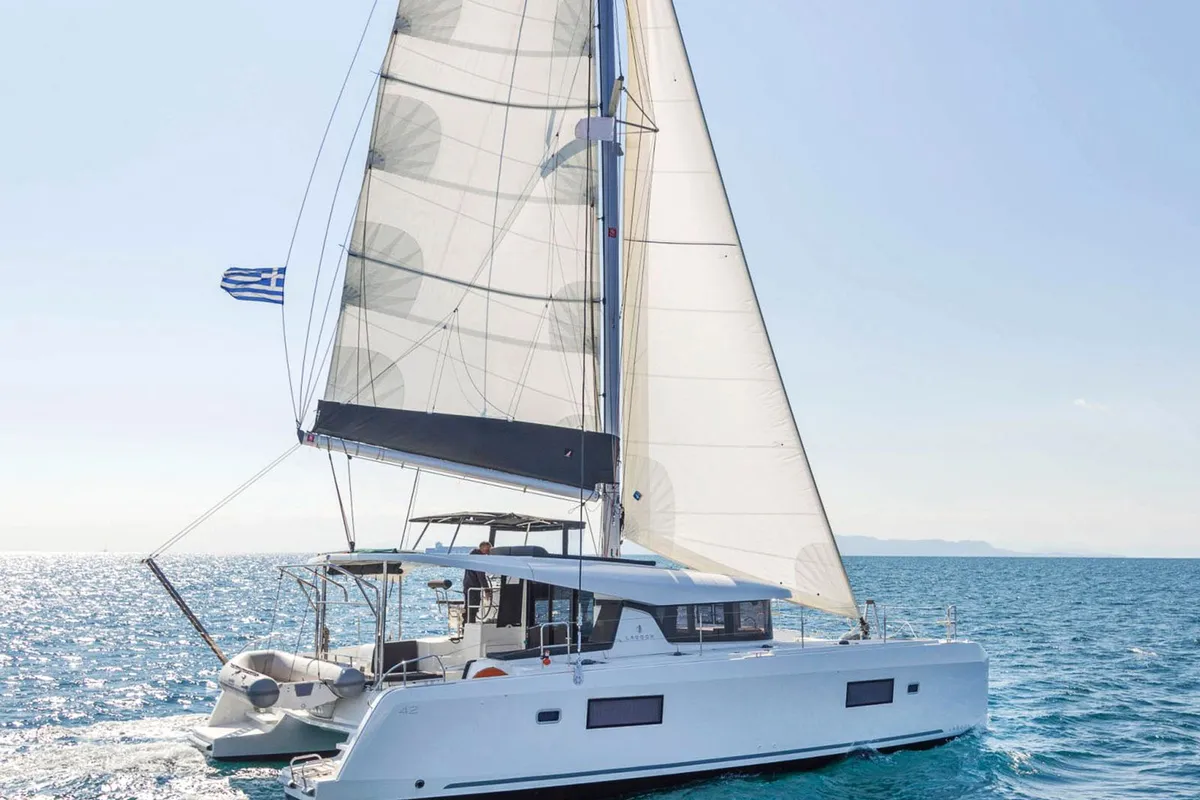 Exterior view of Fantasea, a Lagoon 42 catamaran at Thessaloniki, Greece