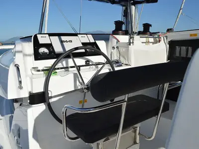 Cockpit of Fantasea, a Lagoon 42 catamaran at Thessaloniki, Greece