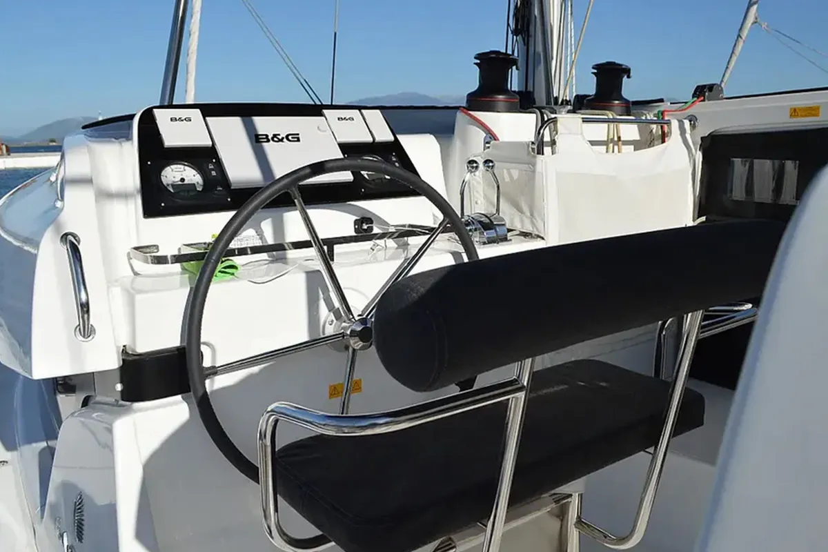 Cockpit of Fantasea, a Lagoon 42 catamaran at Thessaloniki, Greece