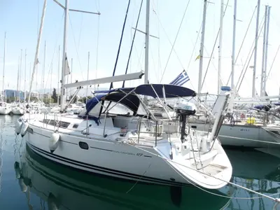 Exterior view of Ealis, a Jeanneau Sun Odyssey 49i sailboat at Athens, Greece