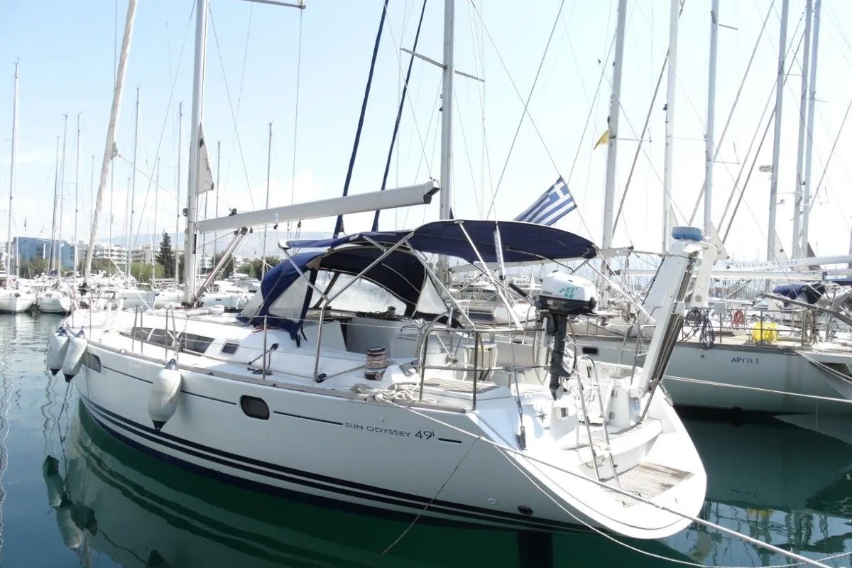 Exterior view of Ealis, a Jeanneau Sun Odyssey 49i sailboat at Athens, Greece