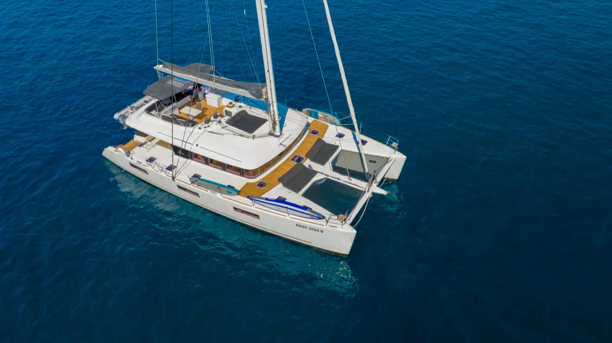 Exterior view of The Sun, a Lagoon 620 catamaran at Olbia, Italy
