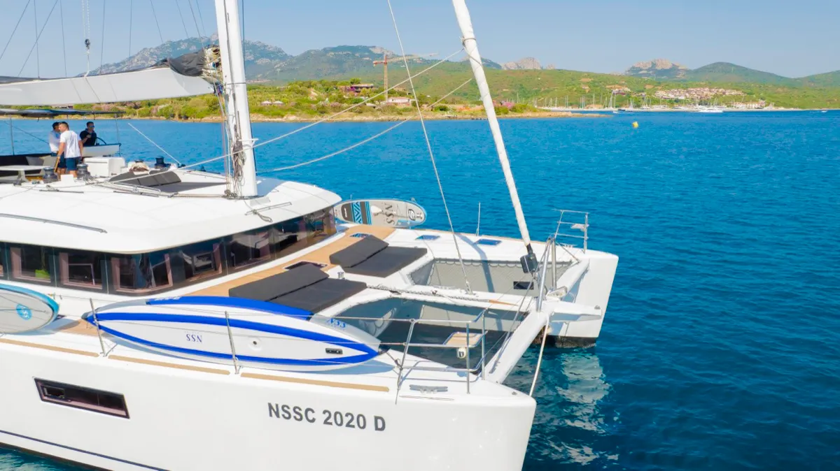 Exterior view of The Sun, a Lagoon 620 catamaran at Olbia, Italy