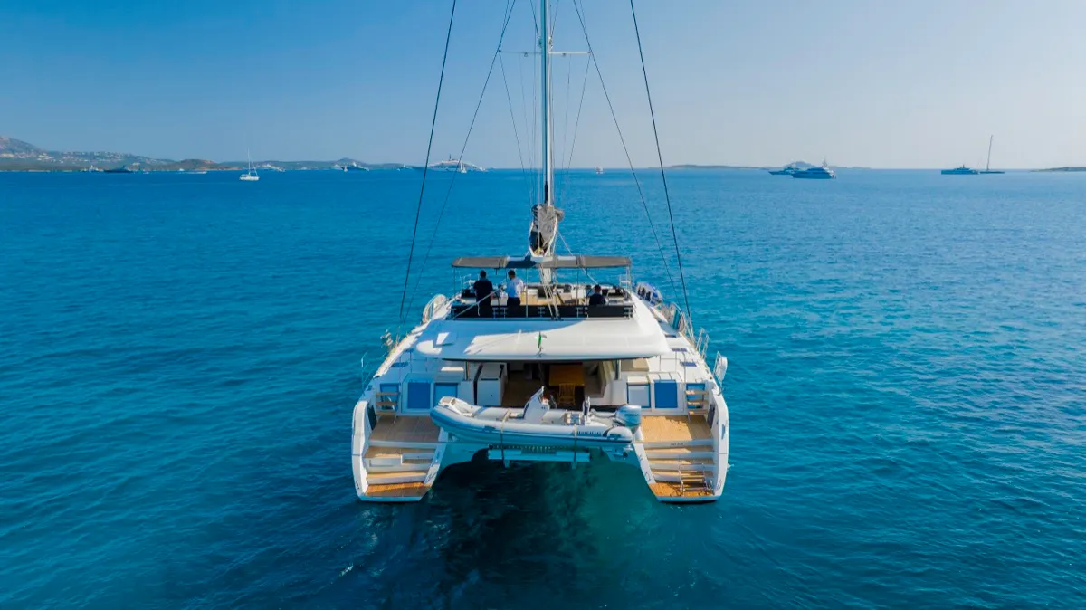 Exterior view of The Sun, a Lagoon 620 catamaran at Olbia, Italy