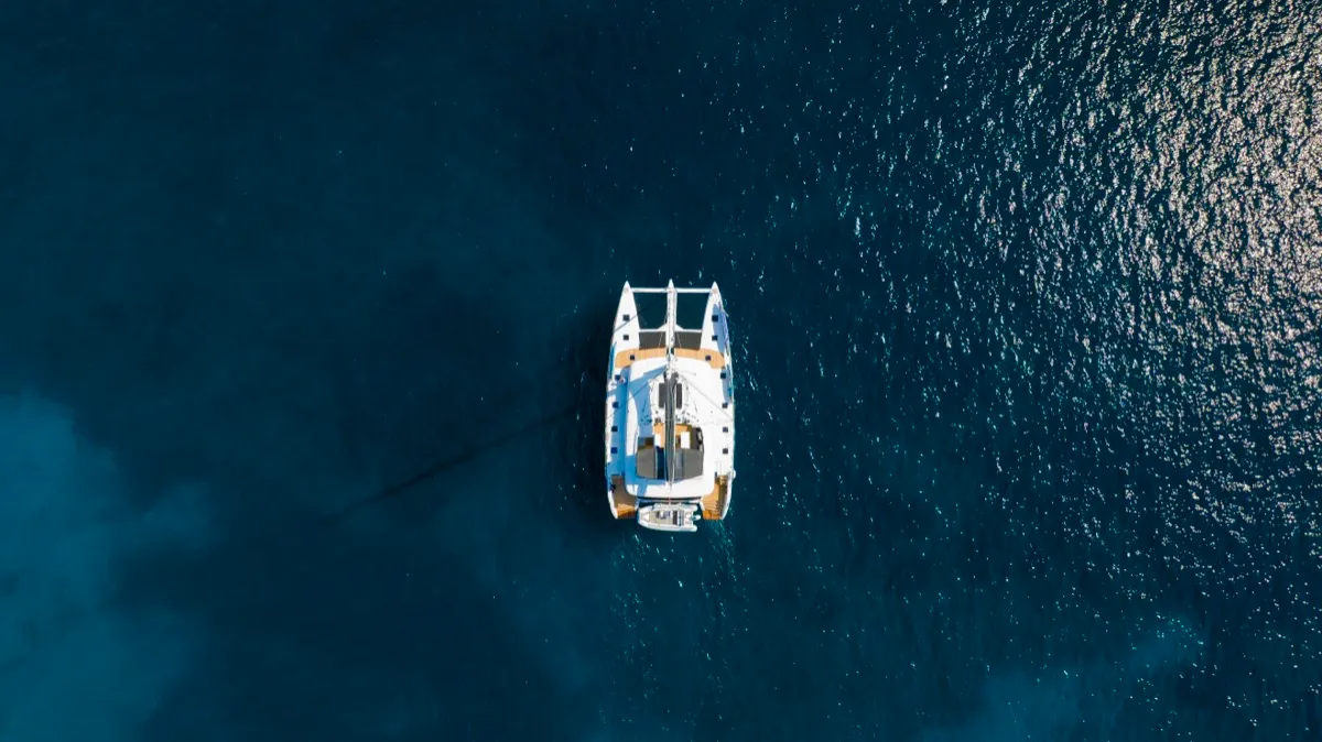 Exterior view of The Sun, a Lagoon 620 catamaran at Olbia, Italy