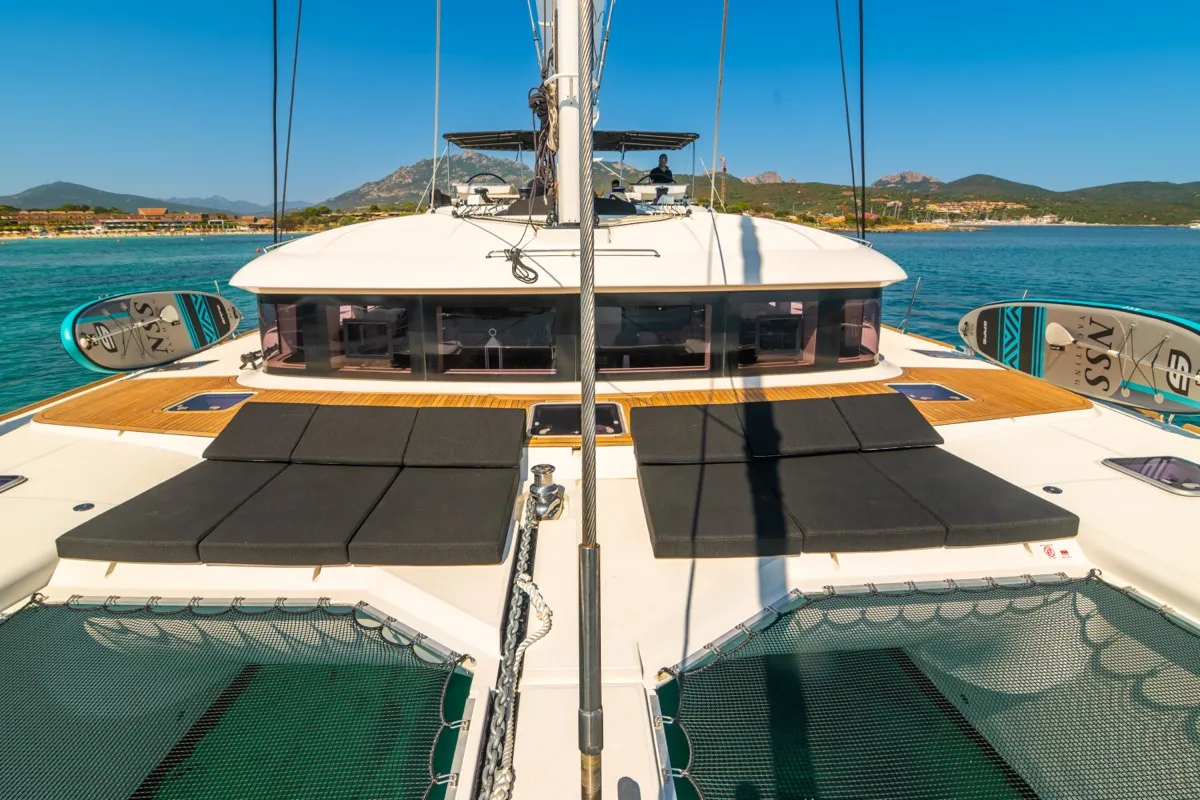 Deck of The Sun, a Lagoon 620 catamaran at Olbia, Italy