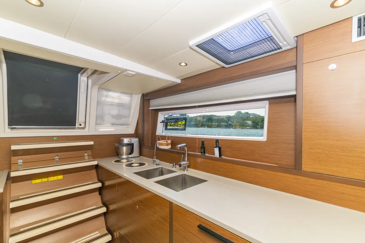 Galley of The Sun, a Lagoon 620 catamaran at Olbia, Italy
