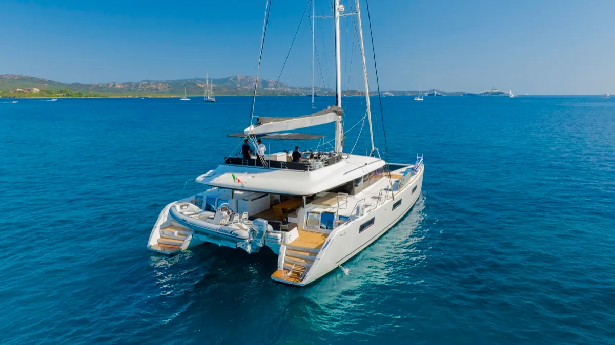 Exterior view of The Sun, a Lagoon 620 catamaran at Olbia, Italy
