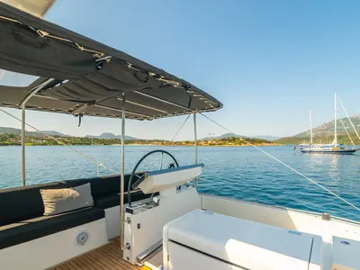 Cockpit of The Sun, a Lagoon 620 catamaran at Olbia, Italy