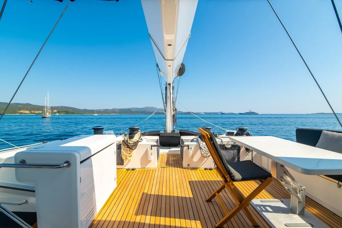 Deck of The Sun, a Lagoon 620 catamaran at Olbia, Italy