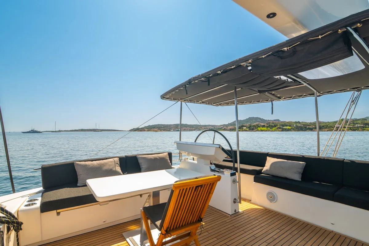 Cockpit of The Sun, a Lagoon 620 catamaran at Olbia, Italy