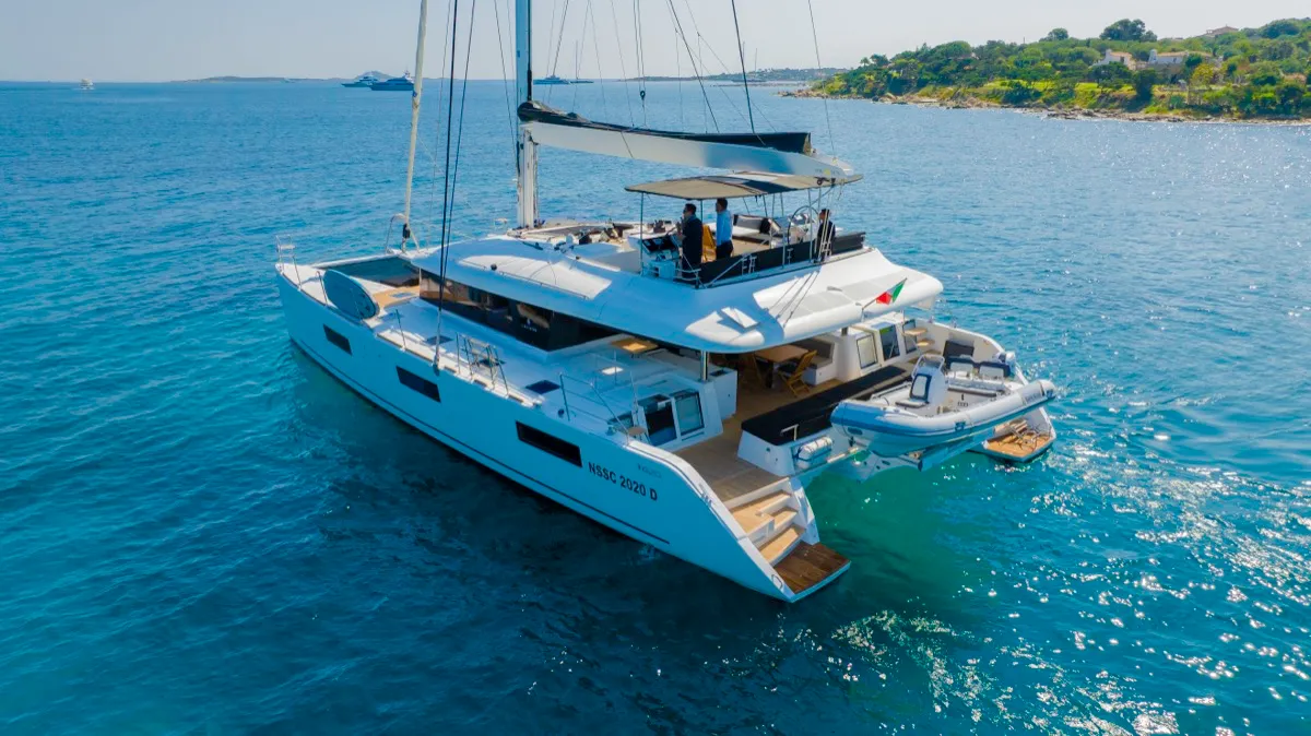 Exterior view of The Sun, a Lagoon 620 catamaran at Olbia, Italy