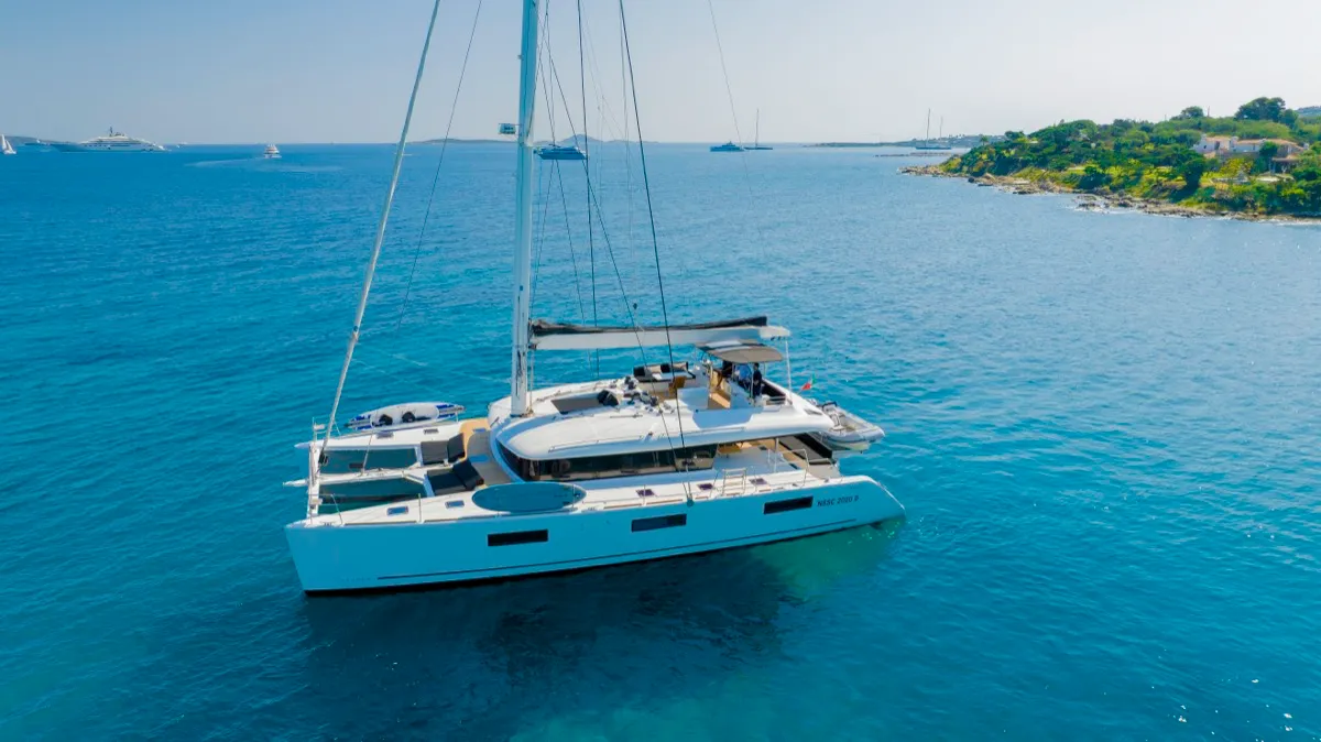 Exterior view of The Sun, a Lagoon 620 catamaran at Olbia, Italy