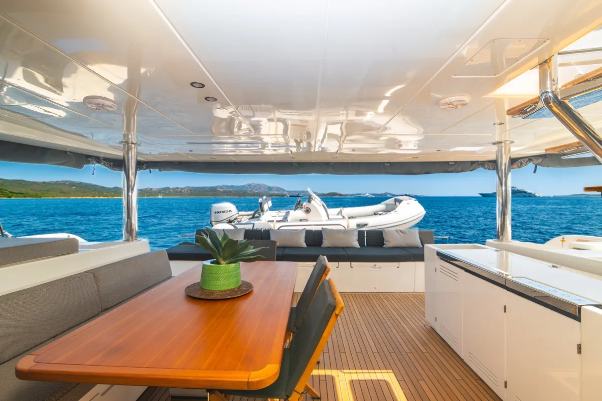 Deck of The Sun, a Lagoon 620 catamaran at Olbia, Italy