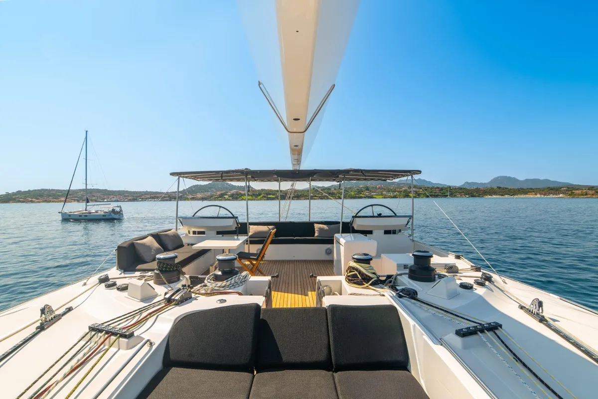 Deck of The Sun, a Lagoon 620 catamaran at Olbia, Italy