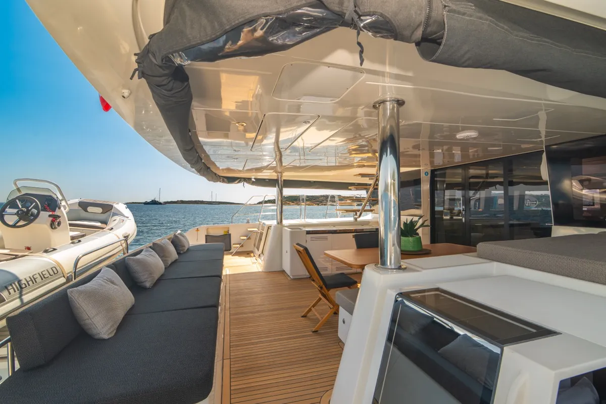 Deck of The Sun, a Lagoon 620 catamaran at Olbia, Italy
