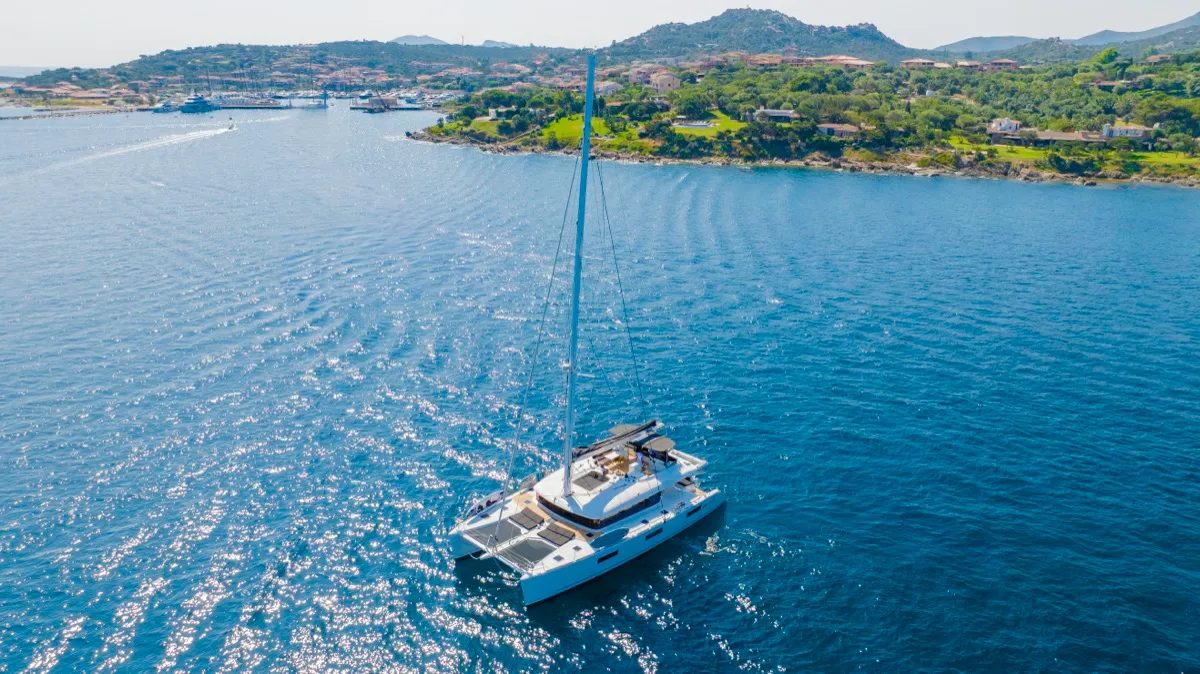 Exterior view of The Sun, a Lagoon 620 catamaran at Olbia, Italy
