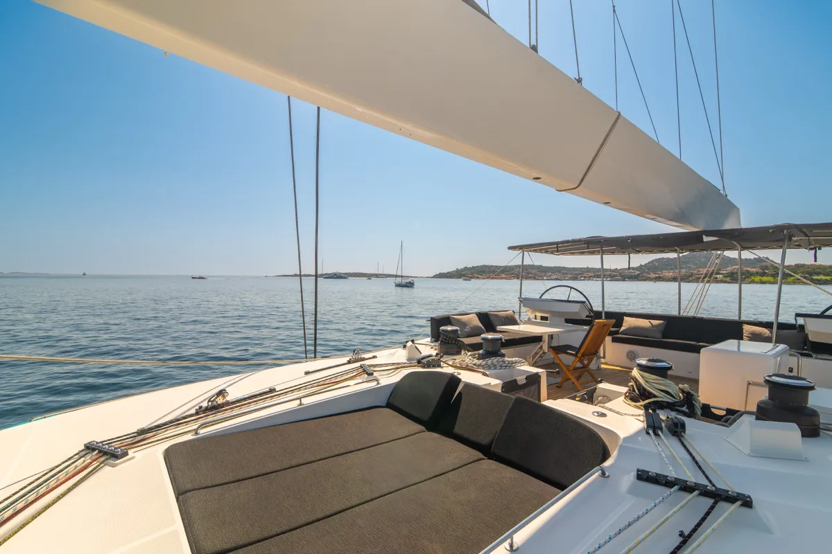 Deck of The Sun, a Lagoon 620 catamaran at Olbia, Italy