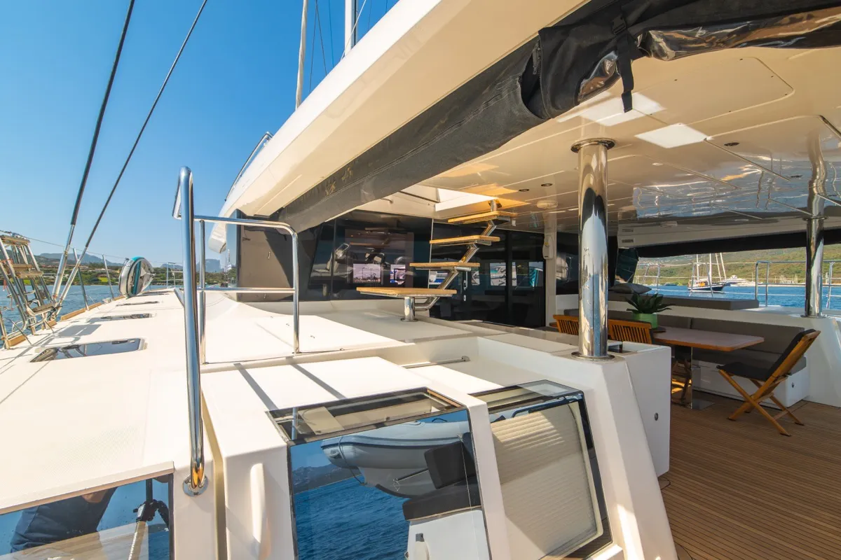 Deck of The Sun, a Lagoon 620 catamaran at Olbia, Italy