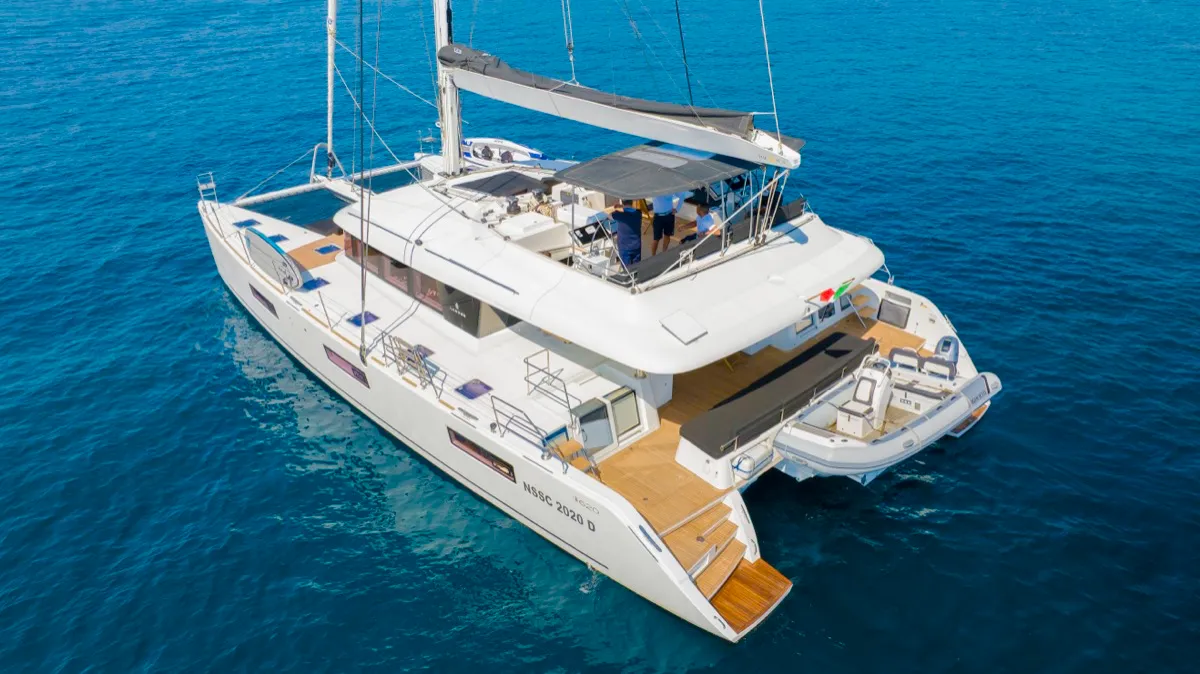 Exterior view of The Sun, a Lagoon 620 catamaran at Olbia, Italy