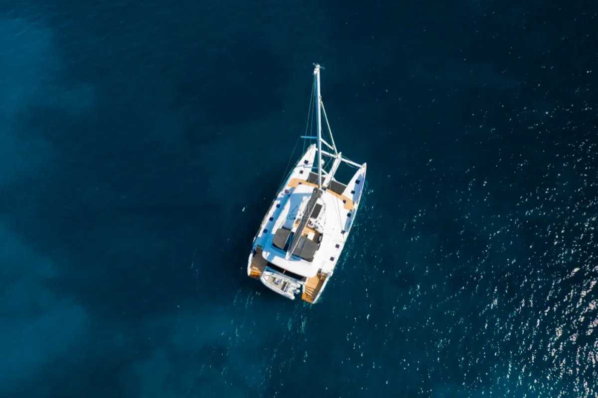 Exterior view of The Sun, a Lagoon 620 catamaran at Olbia, Italy