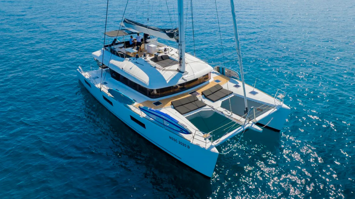 Exterior view of The Sun, a Lagoon 620 catamaran at Olbia, Italy