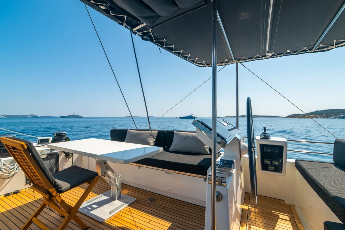 Cockpit of The Sun, a Lagoon 620 catamaran at Olbia, Italy