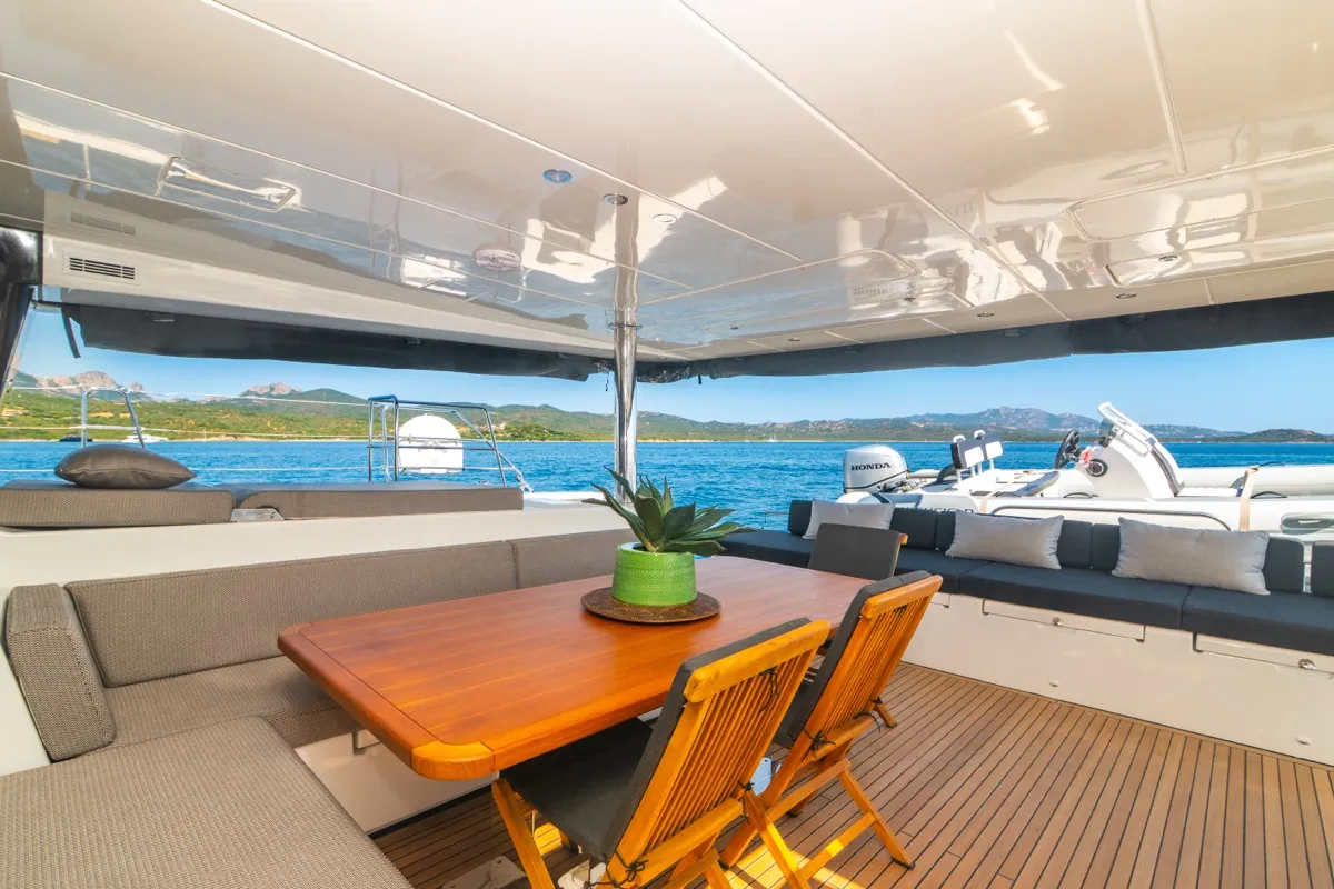 Deck of The Sun, a Lagoon 620 catamaran at Olbia, Italy