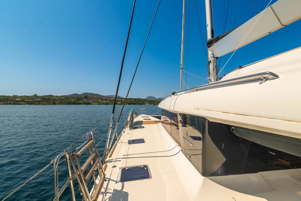 Deck of The Sun, a Lagoon 620 catamaran at Olbia, Italy