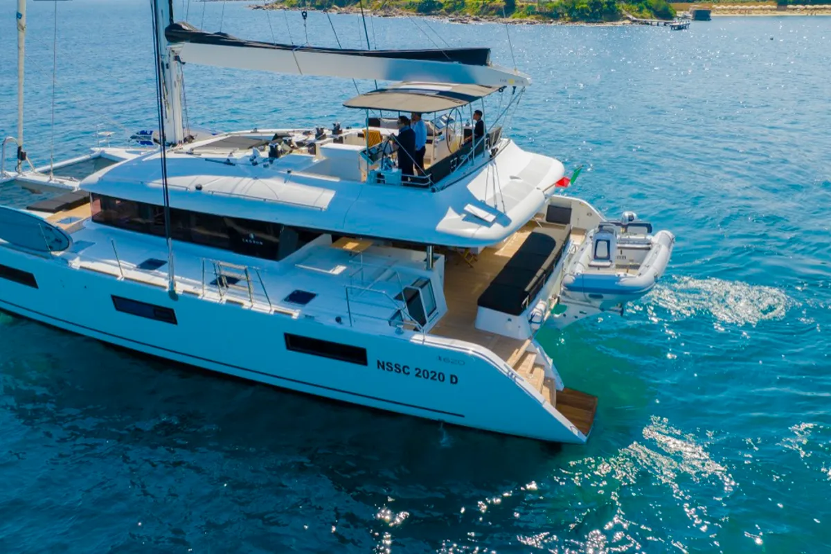 Exterior view of The Sun, a Lagoon 620 catamaran at Olbia, Italy