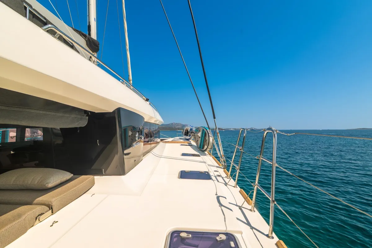 Deck of The Sun, a Lagoon 620 catamaran at Olbia, Italy