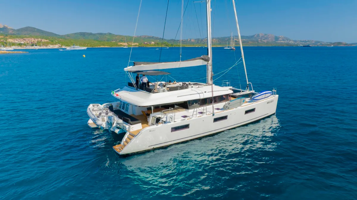 Exterior view of The Sun, a Lagoon 620 catamaran at Olbia, Italy