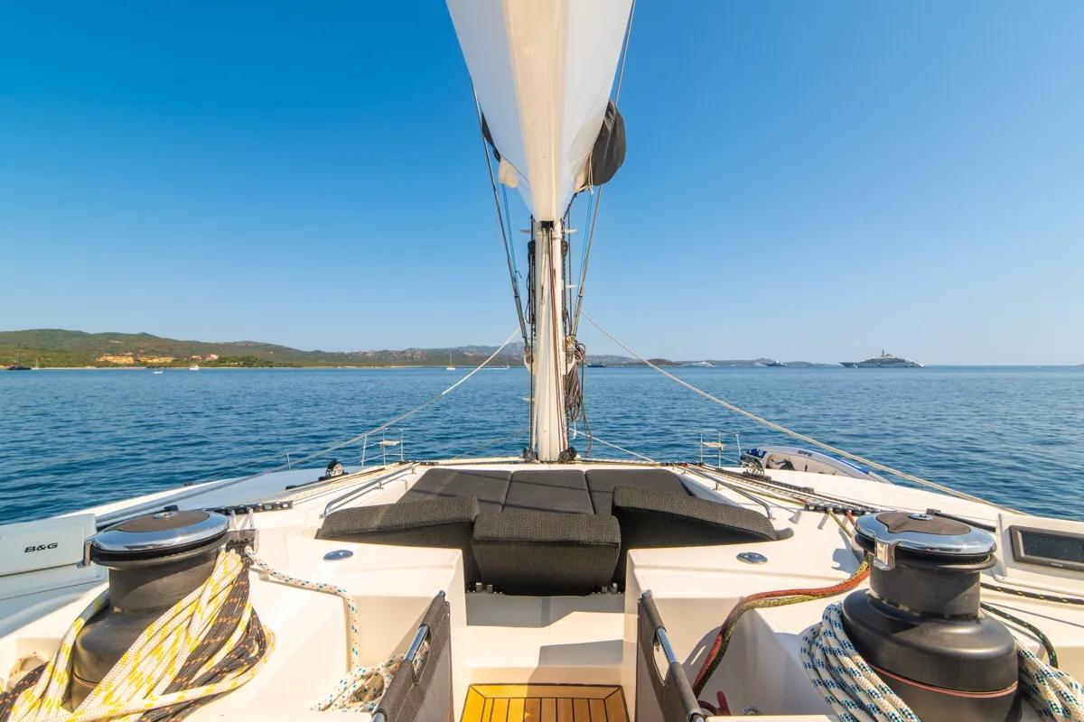 Deck of The Sun, a Lagoon 620 catamaran at Olbia, Italy