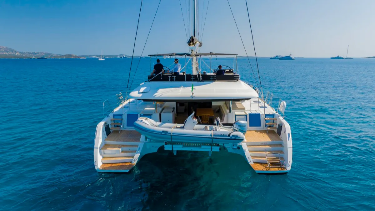 Exterior view of The Sun, a Lagoon 620 catamaran at Olbia, Italy