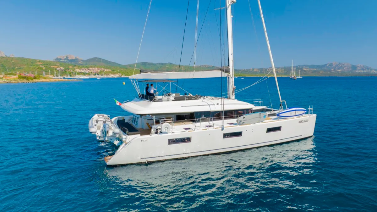 Exterior view of The Sun, a Lagoon 620 catamaran at Olbia, Italy