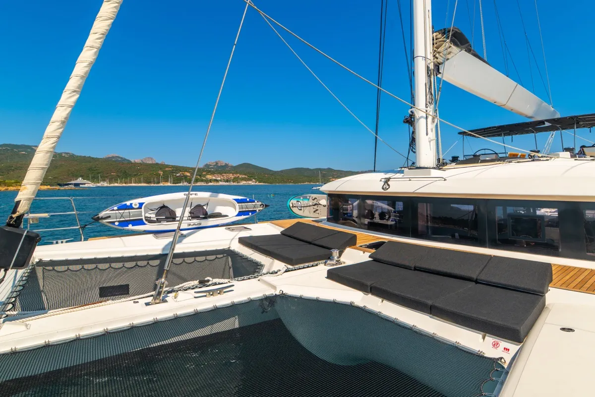 Deck of The Sun, a Lagoon 620 catamaran at Olbia, Italy