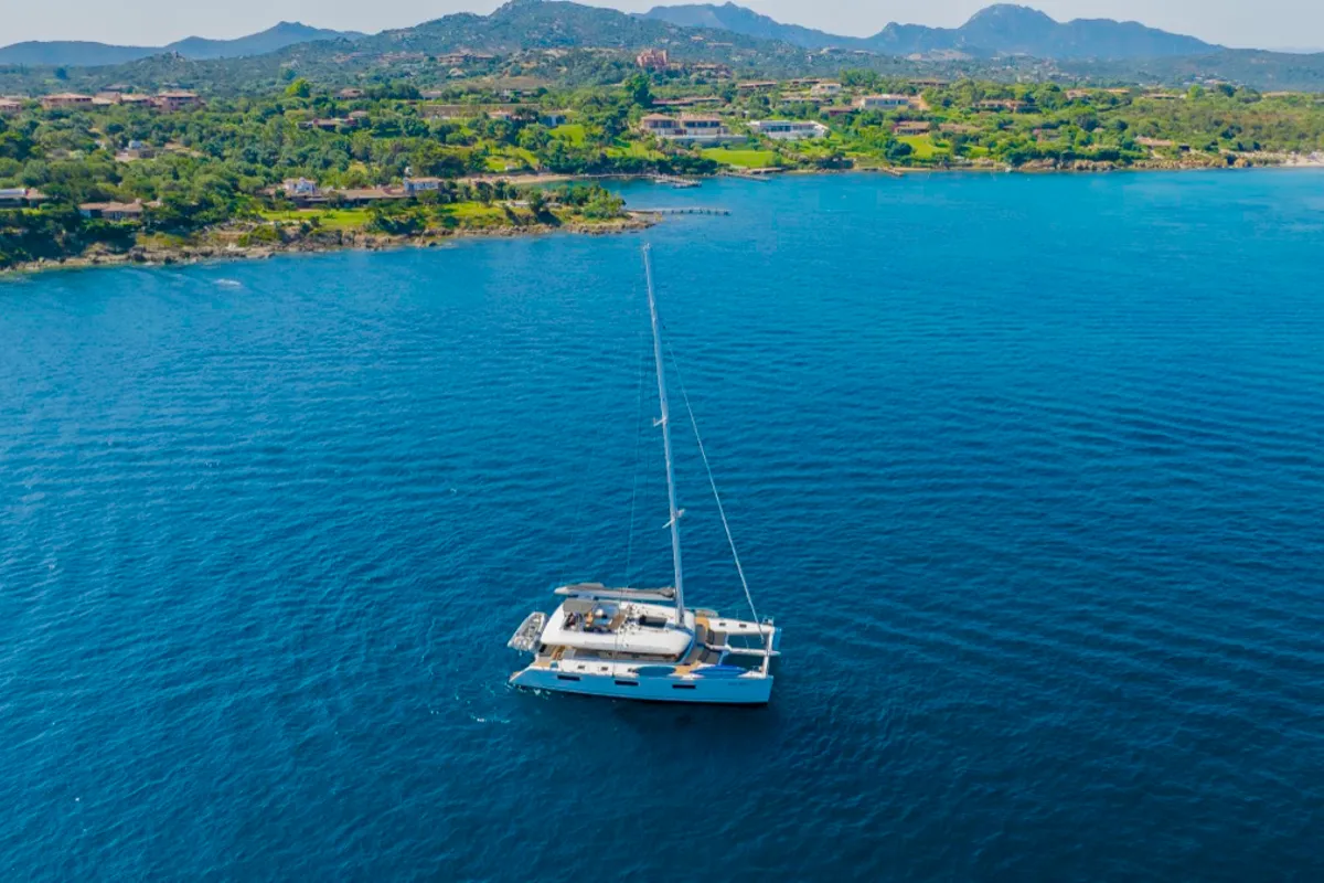 Exterior view of The Sun, a Lagoon 620 catamaran at Olbia, Italy
