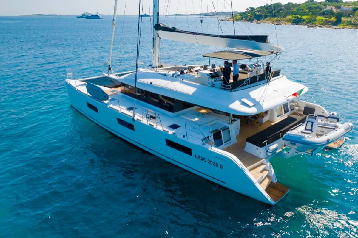Exterior view of The Sun, a Lagoon 620 catamaran at Olbia, Italy